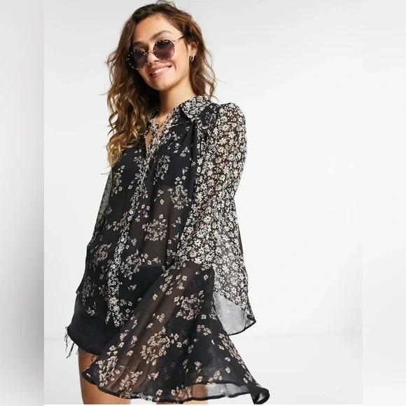 FreePeople Serena Black Floral Blouse Sheer Button Up Ditzy Cottage Witch Size M - Picture 3 of 16